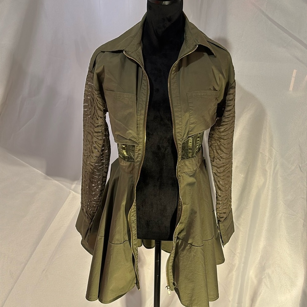 BOGO L’ATISTE Army Green Partial Sheer w/Front Zipper Long Sleeve Dress Size Sm